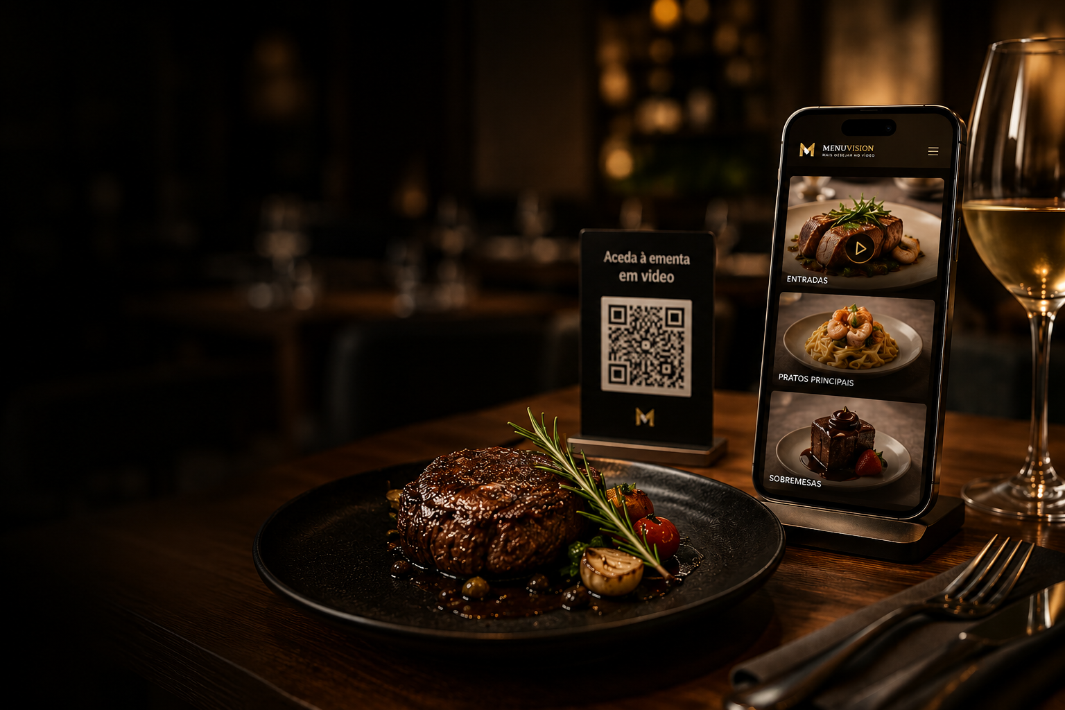 Restaurant table with a gourmet dish, a phone showing a video menu and a QR code