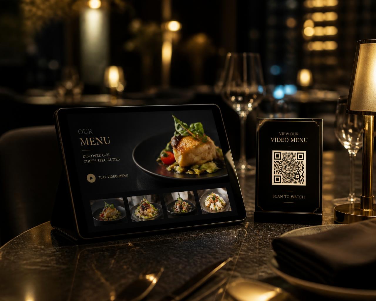 Tablet a apresentar uma ementa em vídeo ao lado de um expositor MenuVision com QR Code, num restaurante com iluminação quente