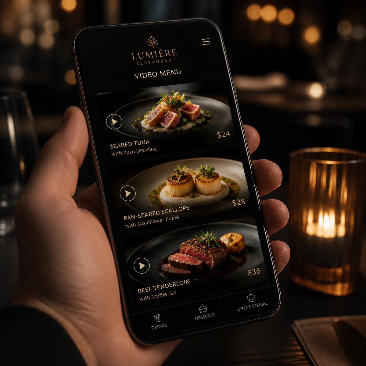Telemóvel a mostrar um menu digital em vídeo num restaurante