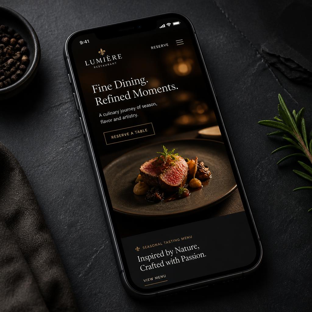 Smartphone a mostrar uma landing page gastronómica elegante