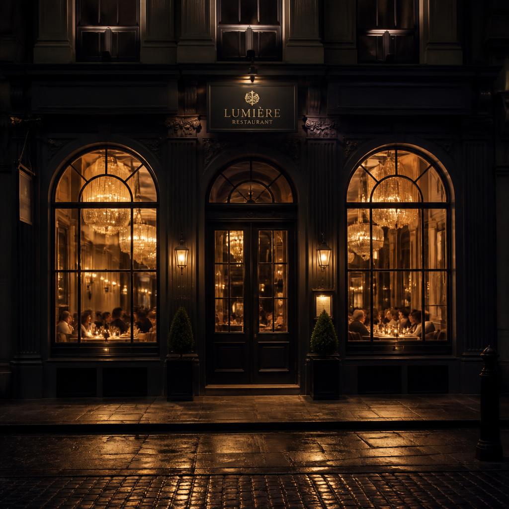 Fachada de restaurante premium iluminada ao anoitecer