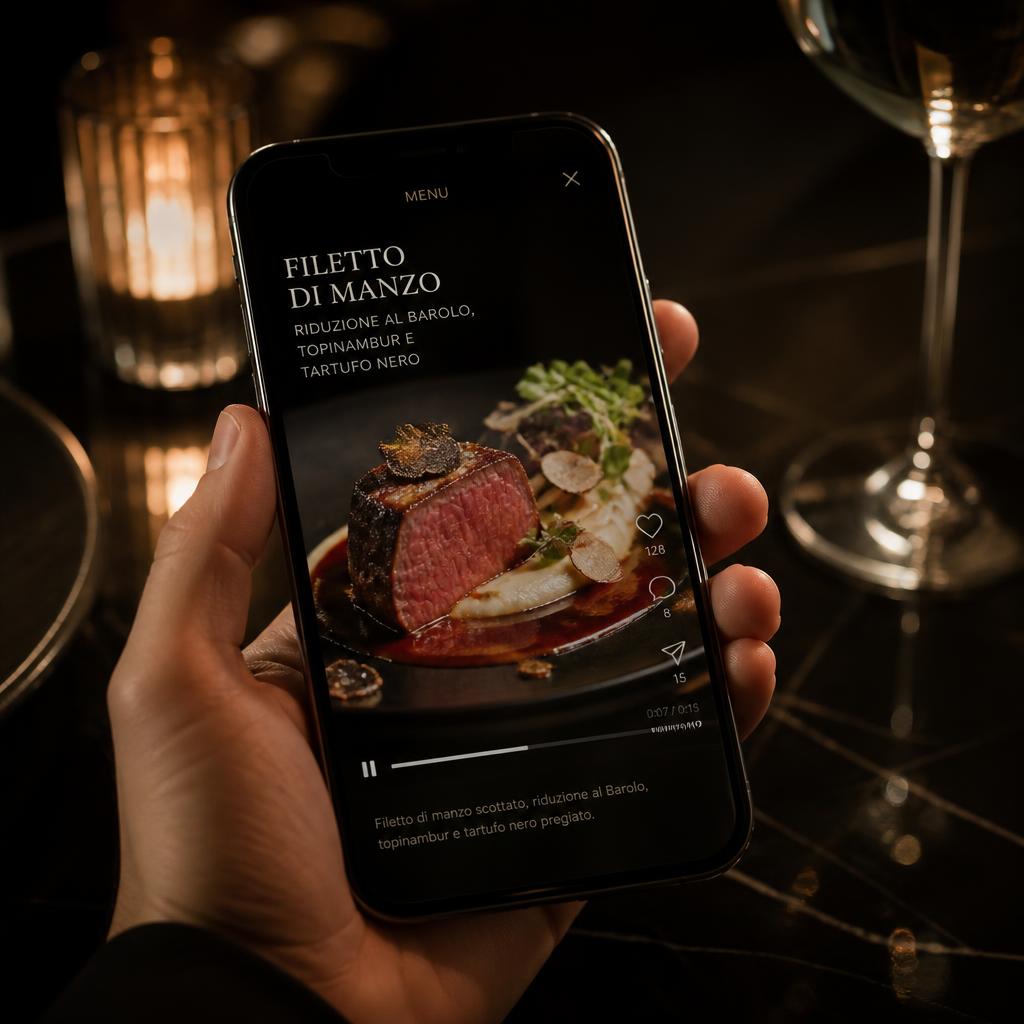 Smartphone a mostrar uma ementa em vídeo num ambiente gastronómico premium