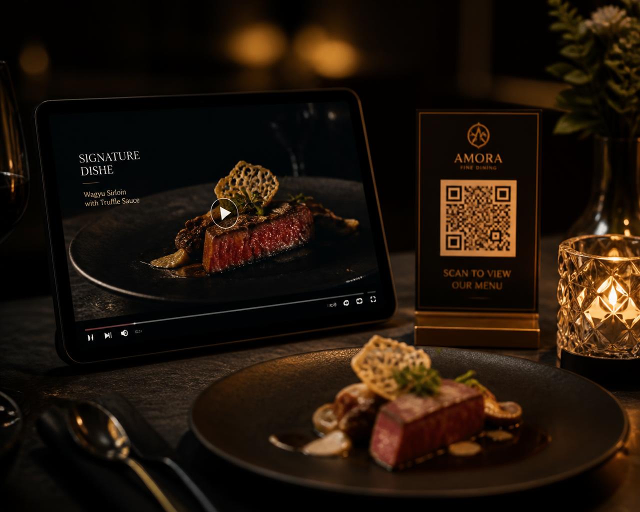 Tablet com uma ementa em vídeo ao lado de um expositor com QR Code e um prato gourmet num restaurante premium