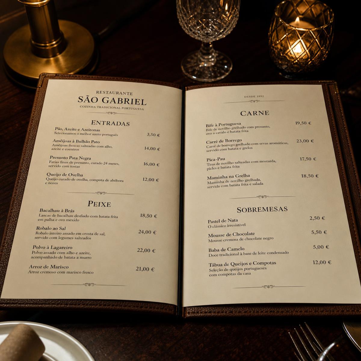 Traditional physical menu of a Portuguese restaurant on an elegant table
